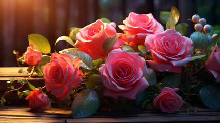 Radiant Rose Melody: Wooden Fusion, the radiance of a vibrant 3D rose composition, harmoniously merged with the warmth of a wooden background, Created using generative AI