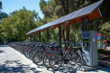 Fototapeta na wymiar Imagen de bicicletas eléctricas aparcadas junto a una estación de carga solar, energía sostenible, energía eólica