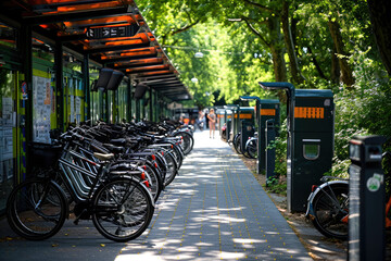 Imagen de bicicletas eléctricas aparcadas junto a una estación de carga solar, energía sostenible, energía eólica