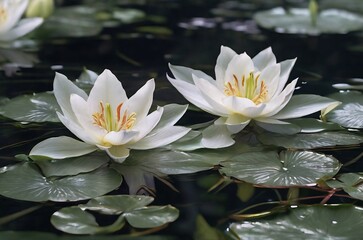 A serene glassmorphism pond adorned with transparent lilies, their petals glistening like crystals