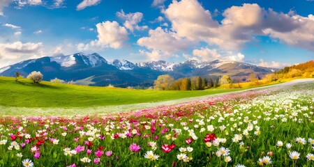 landscape panorama with flowering flowers on meadow