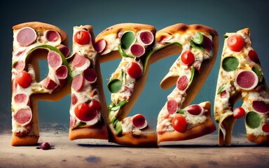 Pizza word made from delicious pizza sliced with pepperoni and saussage. Text pizza bread slice illustration for marketing or advertising. Cheezy pizza Italian style 
baked perfectly with olive
