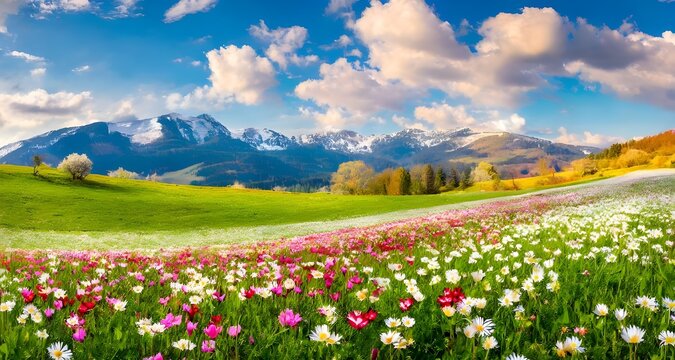 landscape panorama with flowering flowers on meadow