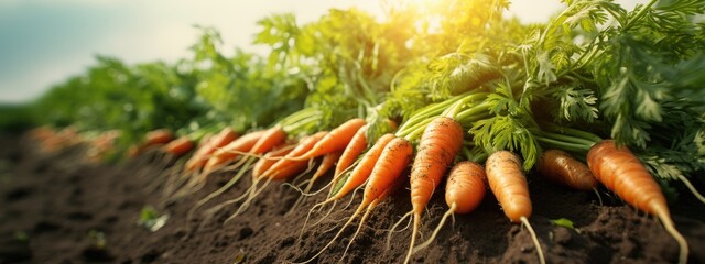 Close up carrots growing in field. Fresh vegetable plant of carrot - obrazy, fototapety, plakaty