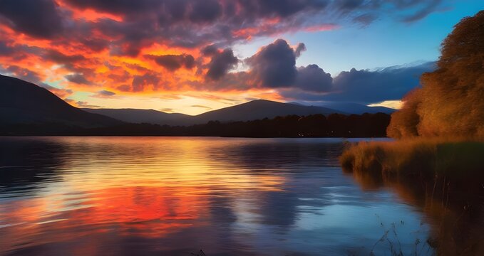 sunset over a serene lake, with colorful reflections shimmering