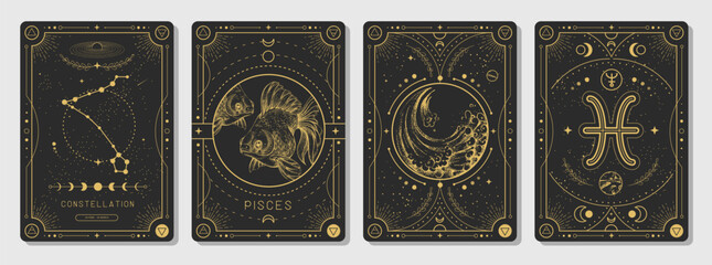 Set of Modern magic witchcraft cards with astrology Pisces zodiac sign characteristic. Vector illustration