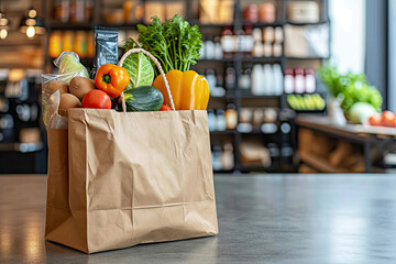 Imagen de una bolsa de compras con productos de comercio justo y orgánicos, Generado con IA