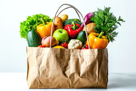 Imagen de una bolsa de compras con productos de comercio justo y orgánicos, Generado con IA