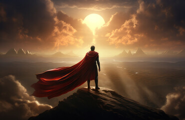 A man in a red cloak stands at the summit of the mountain, striving for success in business, generative AI