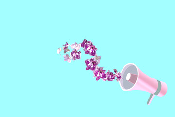 Pink megaphone with flowers isolated on blue background. Nature modern concept.
