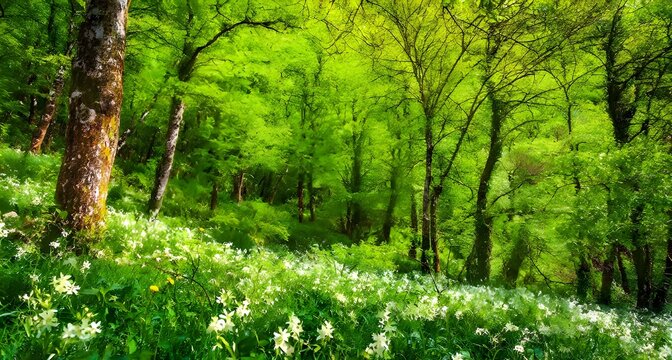 green trees and flowers in spring, green unspoiled nature concept