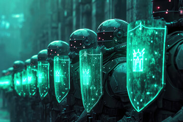 Personajes en un entorno digital protegido por escudos de seguridad, Seguridad digital, hakers, cyberseguridad

