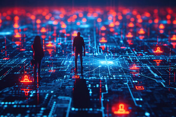 Personajes en un entorno digital protegido por escudos de seguridad, Seguridad digital, hakers, cyberseguridad

