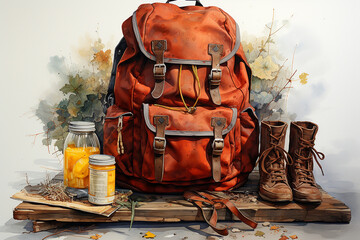 School backpack illustration isolated. Cartoon backpack, school still life. A stack of books with apple, pencil case with pencils, pen, scissors, eraser, ruler and pencil sharpener on the background  - obrazy, fototapety, plakaty