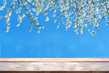 Beautiful floral spring abstract nature background, white blooming branches with wooden base on...