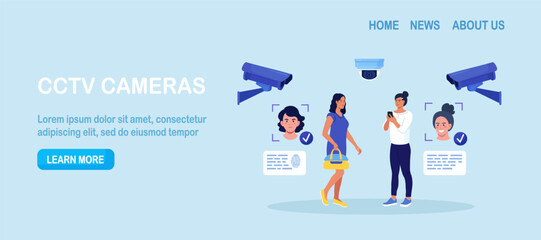 Security camera technology. Biometric facial recognition. Personal security control authentication. Video surveillance and CCTV cameras provide safety