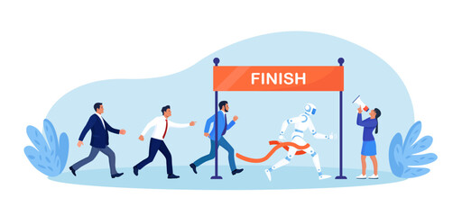 Ai robot vs man. Business competition. Robot employee competition with human. Artificial intelligence and people running competition together. Future automation. Robotic machine and worker