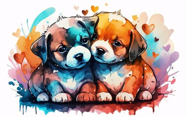 Cute simple watercolor illustration of little puppies in love with hearts shapes around.