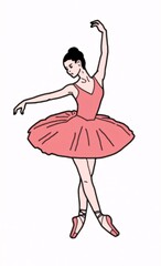 minimalist linear drawing of a ballet dancer pink dress and pink point shoes.