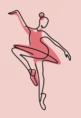 minimalist linear drawing of a ballet dancer pink dress and pink point shoes.