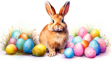 Fototapeta na wymiar fluffy easter bunny with decorated colourful eggs on white background, Generative AI