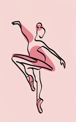 minimalist linear drawing of a ballet dancer pink dress and pink point shoes.