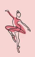 minimalist linear drawing of a ballet dancer pink dress and pink point shoes.