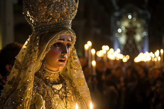 Semana Santa en Espa&ntilde;a: Im&aacute;genes de cristos y V&iacute;rgenes, Procesiones religiosas con figuras tradicionales y vestimenta tradicional, semana santa de sevilla, Generado con IA