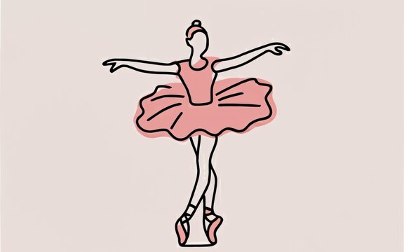 minimalist linear drawing of a ballet dancer pink dress and pink point shoes.