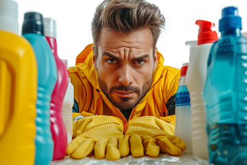 Upset man with cleaning products ready for a cleaning day. Housekeeping responsibilities, housecleaning and house maintenance concept. Sharing house tasks - obrazy, fototapety, plakaty