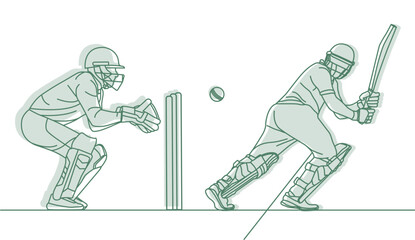 Cricket. Wicket keeper with Cricket batsman Line drawing Vector illustration. - obrazy, fototapety, plakaty