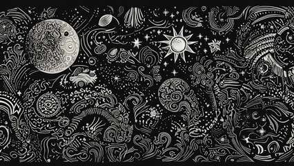 Black and white wallpaper with antique Aztec pattern with stars, sun and moon 4K