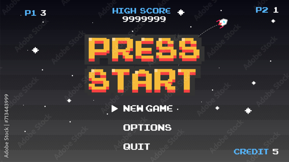 Fototapete PRESS START INSERT A COIN TO CONTINUE .pixel art .8 bit game.retro game. for game assets in vector illustrations.Retro Futurism Sci-Fi Background. glowing neon grid.and stars from vintage arcade comp
