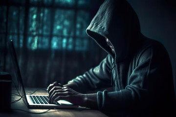 Futuristic style Hooded Hacker with mask using Laptop Break or Attack into Data server