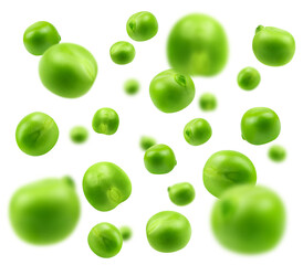 Flying green peas isolated on transparent background.