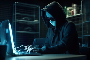 Futuristic style Hooded Hacker with mask using Laptop Break or Attack into Data server