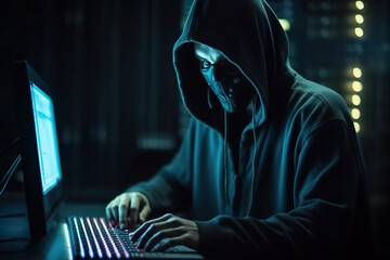 Futuristic style Hooded Hacker with mask using Laptop Break or Attack into Data server