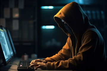 Futuristic style Hooded Hacker with mask using Laptop Break or Attack into Data server - obrazy, fototapety, plakaty