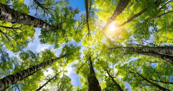 Looking up Green forest. Trees with green Leaves, blue sky and sun light. Bottom view