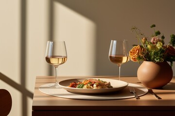  a plate of food and a glass of wine on a table with a vase of flowers and a vase of flowers.