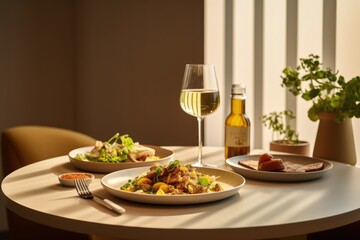  two plates of food and a glass of wine on a table with a vase of flowers and a bottle of wine.