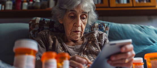 An elderly woman examines her medication with a pensive expression, a narrative of health in the golden years