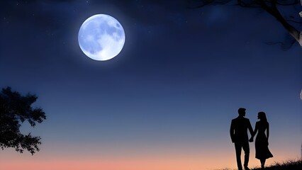 a man and a woman holding hands under a full moon, holding hands in the moonlight, romantic mood, romantic, romantic couple, romantic, illustration, very romantic, romantic atmosphere. Generative ai