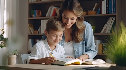 Happy mother and son do homework together reading book on table in children room. helping child complete tasks. Support from parent to boy - obrazy, fototapety, plakaty