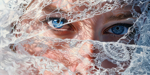 Face of a young woman with bright blue eyes hiding behind a white lace cloth, shadows on her face. Creative concept of wedding salon, white lace veil.