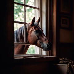 Horse looks into the window of a house, a photo of the head of pet animal from the window, nature enters the house