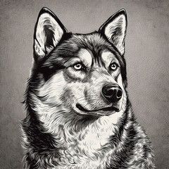 Fototapeta premium Husky, engraving style, close-up portrait, black and white drawing, cute hunting dog, favorite pet 