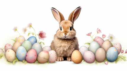 Naklejka na ściany i meble fluffy easter bunny with decorated colourful eggs on white background, Generative AI