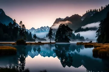 Papier Peint photo Lavable Réflexion A breathtaking HD image of Lake Matheson at dawn, the water reflecting the subtle colors of the sky, with mist-draped mountains in the distance.