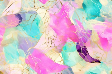  a painting of pink, blue, yellow and green leaves on a white and pink background with gold foiling.